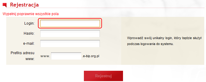 Formularz rejestracji - pole login